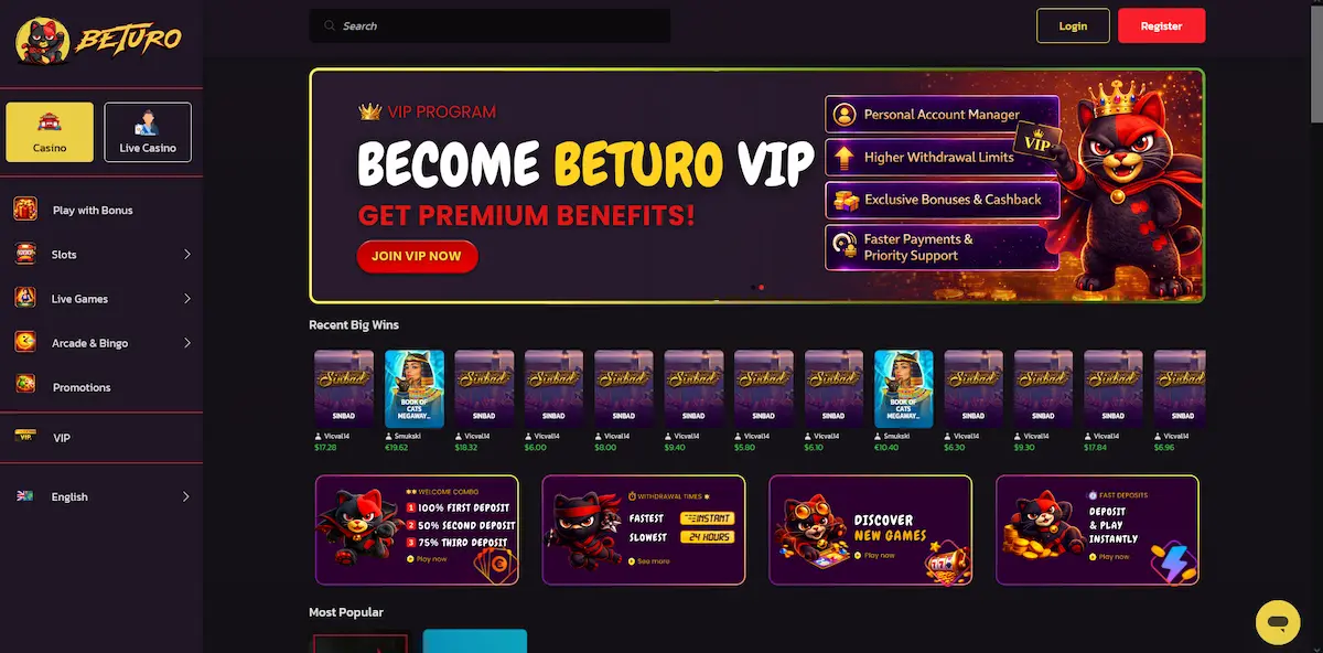 Spielkatalog-Lobby von Beturo Casino mit über 2.600 Titeln