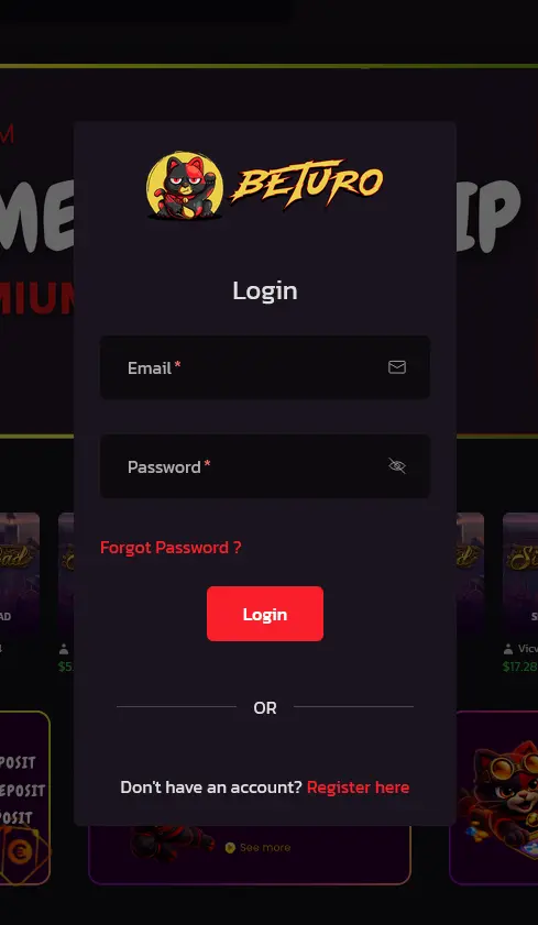 Login-Formular des Beturo Casino im Desktop-Browser