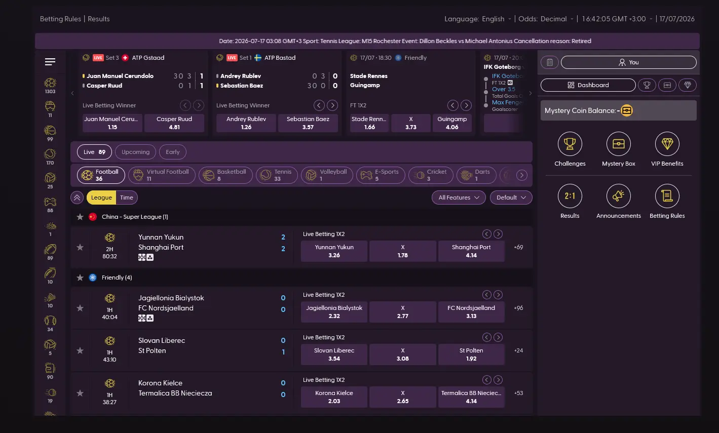 Sportwetten-Bereich von Beturo mit Live-Wetten und Echtzeit-Match-Widget